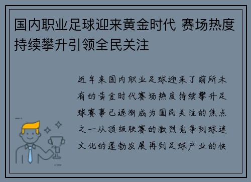 国内职业足球迎来黄金时代 赛场热度持续攀升引领全民关注 国内职业足球迎来黄金时代 赛场热度持续攀升引领全民关注