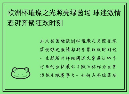 欧洲杯璀璨之光照亮绿茵场 球迷激情澎湃齐聚狂欢时刻 欧洲杯璀璨之光照亮绿茵场 球迷激情澎湃齐聚狂欢时刻