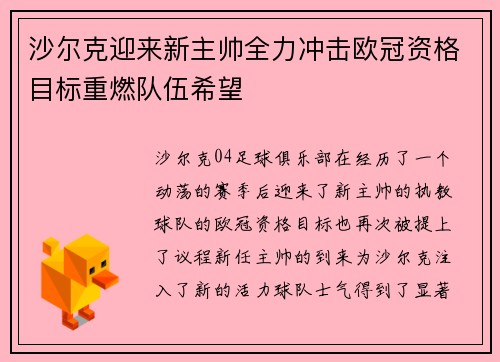 沙尔克迎来新主帅全力冲击欧冠资格目标重燃队伍希望 沙尔克迎来新主帅全力冲击欧冠资格目标重燃队伍希望