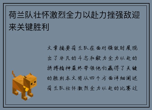 荷兰队壮怀激烈全力以赴力挫强敌迎来关键胜利