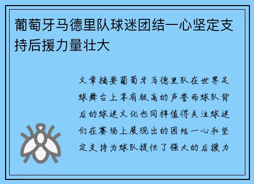 葡萄牙马德里队球迷团结一心坚定支持后援力量壮大 葡萄牙马德里队球迷团结一心坚定支持后援力量壮大