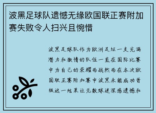 波黑足球队遗憾无缘欧国联正赛附加赛失败令人扫兴且惋惜